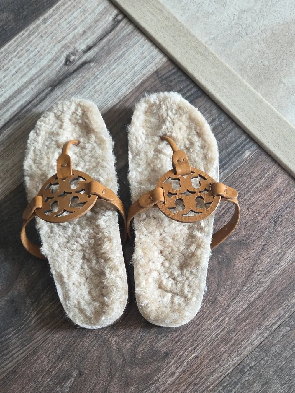 Tory Burch Camel Leather Logo Shearling Slide Sandals